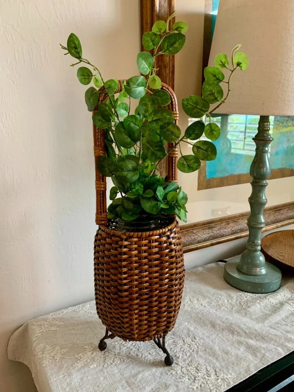 Woven Rattan and Bamboo Basket on 3 Footed Stand Vintage Ikebana Japanese Style